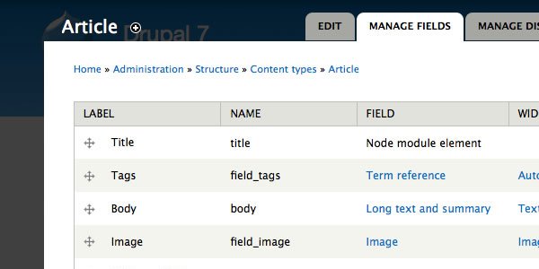 Screenshot of Drupal 7 article editor showing field configuration tab