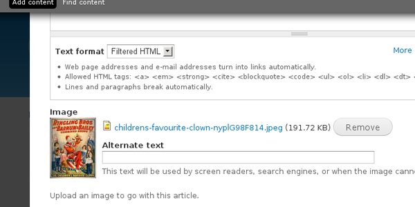 Screenshot of Drupal 7 content edit page showing image upload