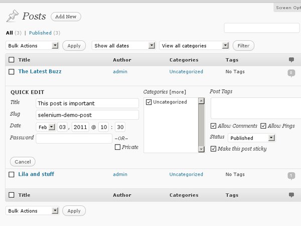 Quick editing posts in the WordPress post admin area.