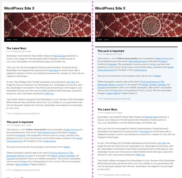 Comparison of WordPress blog display with and without a sticky post.