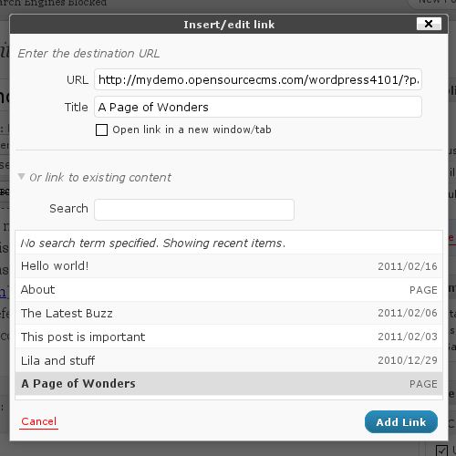 WordPress insert/edit link dialog box in the post editor screen